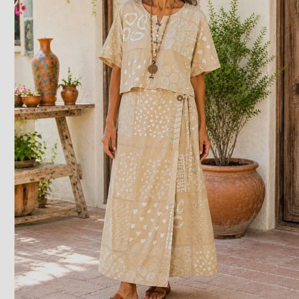VTG Guana Inc 100% Cotton Patchwork Top & Wrap Skirt Set Boho Lagenlook Artwear - Picture 1 of 16